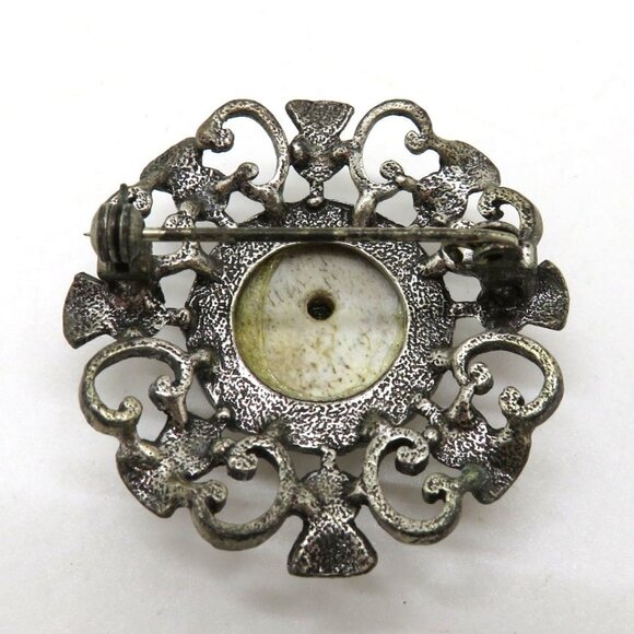 Vintage Deer Antler Brooch Green Gem Silver Tone 1.5" Ornate Metalwork - Picture 6 of 9